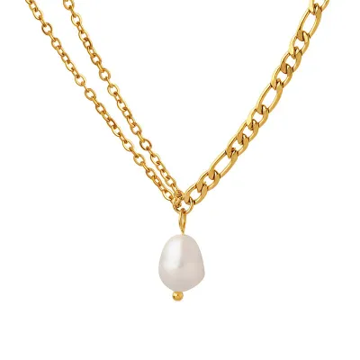Double Layer Natural Freshwater Pearl Titanium Steel Pendant Necklace 18K Gold Plated Waterproof Non-Tarnish Jewelry for Women