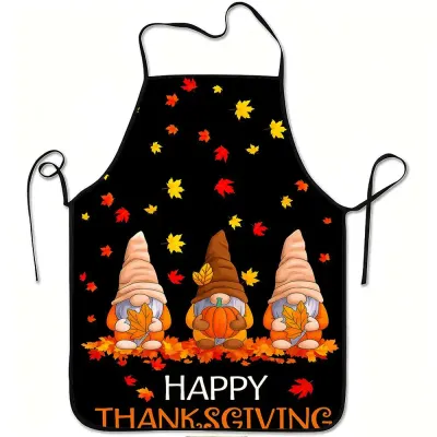 1pc Happy Thanksgiving Gnomes & Pumpkin Leaves Apron - With Orange & Yellow Fall Foliage Design,, Durable Polyester Kitchen Apro