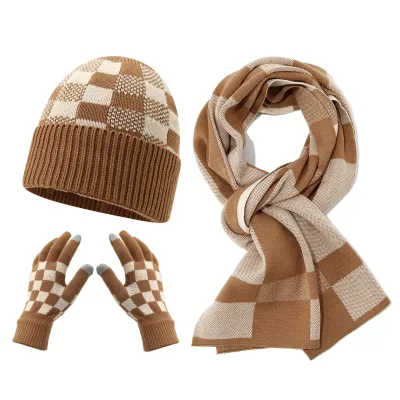 Men Checkerboard Knit Hat Scarf Gloves Set 3 Piece Warm Winter Beanie Neck Wrap for Daily Outdoor Wear