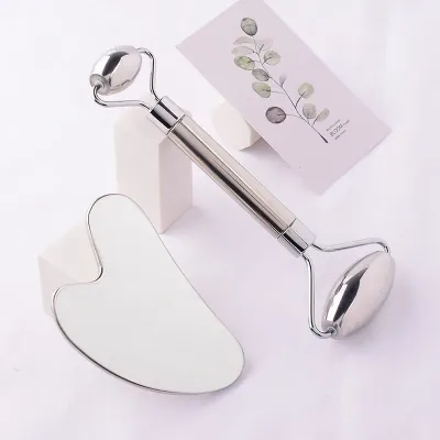 Stainless Steel Facial Roller Gua Sha Tool Set Face Care Massage Crystal Jade Rose Quartz Health Anti Wrinkle Cellulite Massager