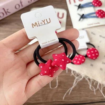 Korean Hair Accessories 2pcs Red Heart Dot Bow Clips & Scrunchies Denim Bangs Claw Set Cute Girls No Damage Grip