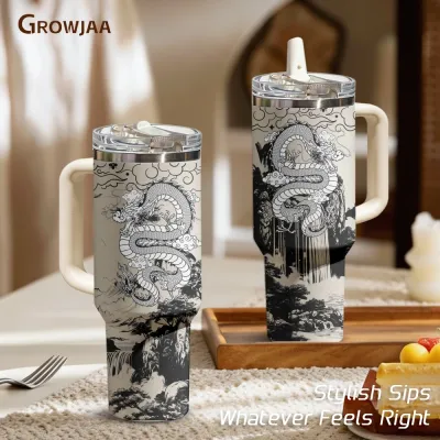 Chinese Dragon Painting Vacuum Flasks 40oz 3rd Gen Vacuum Insulated Tumbler with Handle Straw Lid for Gym Office Travel
