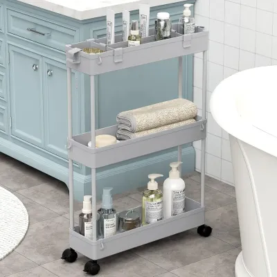 3-Tier Slim Storage Cart on Wheels, Mobile Utility Organizer for Bathroom, Kitchen, Laundry, Narrow Spaces, Gray