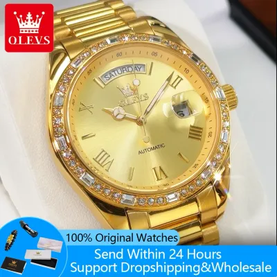 OLEVS 6747 Men's Gold Watches Week Calendar Minimalist Man Watch Luxury Diamond Bezel Automatic Mechanical Wrist Watch for Men