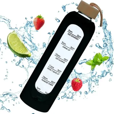 New 32oz 1L Time-marked Glass Water Bottles Bamboo Lid Free of Lead Motivational Sport Silicone Sleeve Portable Drink BottleGift