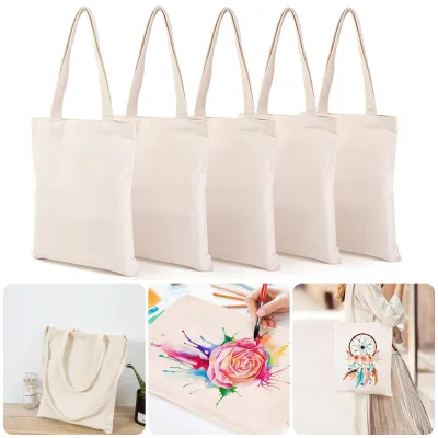 Women Canvas Shoulder Bag Solid Color Casual Tote Bag Reusable Large Capacity Cotton Handbag Shopping Beach Bag Beige/White