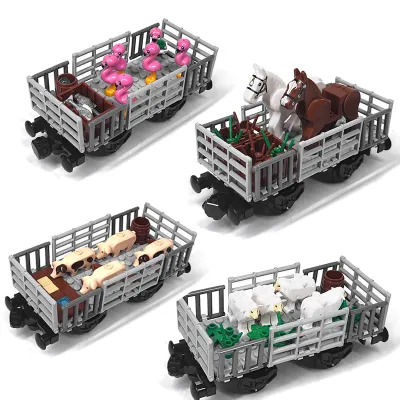 Farm MOC Animal Dedicated Train Carriage Building Blocks Cow Sheep Pig  Horse Transport Carriage DIY Assembly Toy