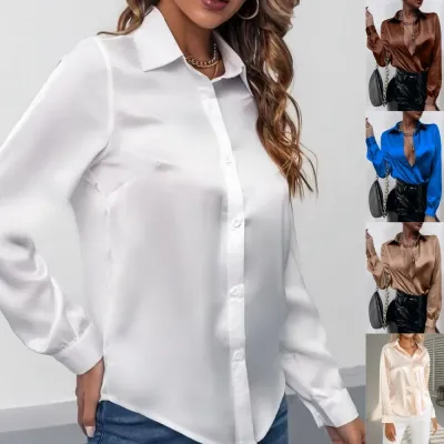  Women Spring Summer Blouses and Shirts Elegant Satin Faux Silk Long Sleeve Casual Shirt Tops Single Breasted Basic Tops