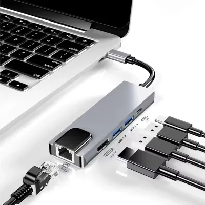 5 In 1 USB C HUB Type C Splitter To HDMI 4K Adapter With 100M Rj45 USB 3.0 Ports PD Fast Charge For MacBook Notebook Computer