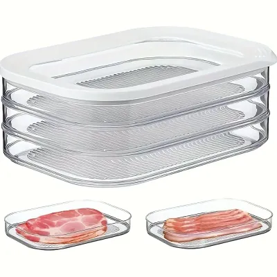 Food Grade PP 3 Layer Clear Storage Containers Stackable Refrigerator Organizer Bins With Lid For Storing Steak Meat