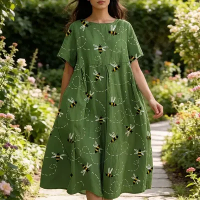 Women Green Bee Print Dress Short Sleeve Casual Loose Fit A-Line Midi Dress Vintage Summer Holiday Vacation Dress with Pocket
