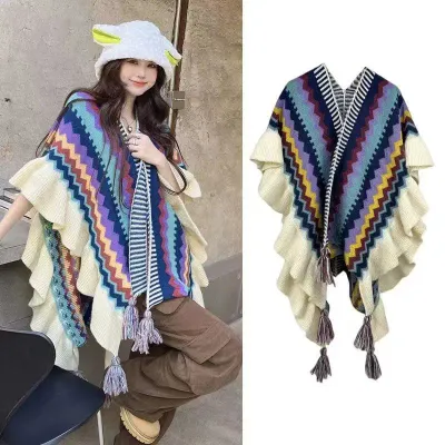 Women's Warm Shawls Wraps Ethnic Style Knit Sweater Tasseled Poncho Fashion Colorful Striped Bohemian Cape Cardigan