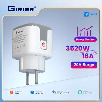 GIRIER Tuya Smart Power Plug 16A WiFi Wireless Wall Socket Outlet 3520W with Power Monitoring Function Supports Alexa Hey Google