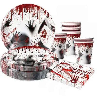 Scary Blood Halloween Tableware Set, Blood Hand Print Paper Plates Cups Napkins Banner, Horror Theme Halloween Party Decorations