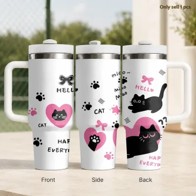 Cute Colorful Cat Vacuum Flasks 40oz Stainless Steel Insulated Tumbler With Handle & Straw Leakproof Travel Mug