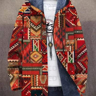 Unisex Retro Ethnic Pattern Print Plush Thick Long-Sleeved Sweater Cardigan Coat