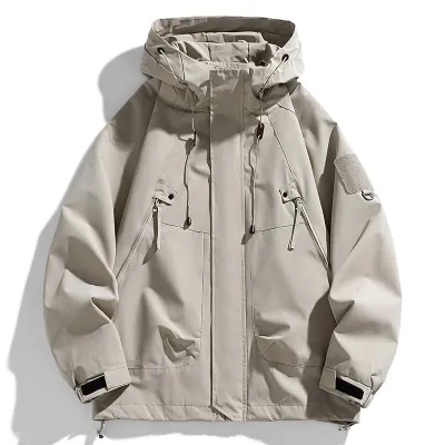 Windbreakers Men Hooded Jacket Zipper Coat Cargo Waterproof Black Bomber Camping Loose Thin Softshell Hooded Hiking Jacket