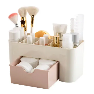 Plastic Desktop Organizer with 5 Compartment Grid and 1 Drawer for Makeup Cosmetics Jewelry
