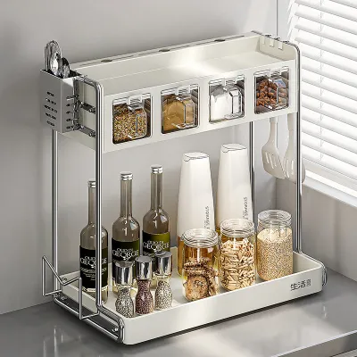 Multifunctional Spice Rack Kitchen Countertop Storage Organizer 2-layers Partition Shelf for Spices Saves Space Home Supplies