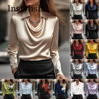 Women Long Sleeve Lapel V Neck Satin Blouse Elegant Solid Loose Shirt Spring Summer Simple Chic Offce Lady Tops Fake Silk Shirt
