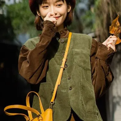 Zoki Vintage Women Corduroy Vest Fall Loose Preppy Style Sweet Vest Jacket Japan Casual Pockets Female O Neck Retro Solid Tops
