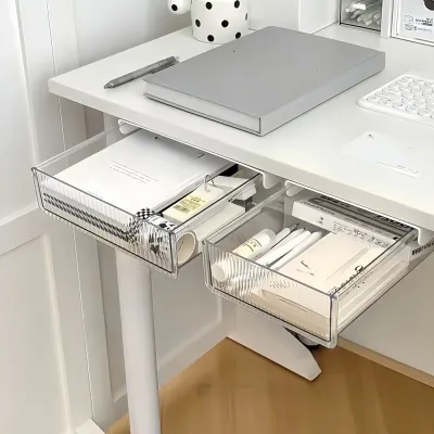 Under Desk Drawer Organizer Hidden Storage Box Transparent Table Bottom Stationery Holder Makeup Case for Office Student Dorm