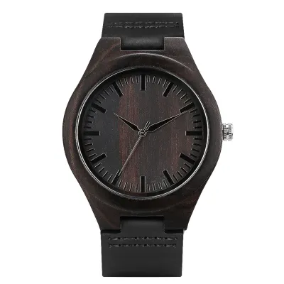 Classic Ebony Wood Quartz Men Watch Minimalist Scale Round Dial Black Genuine Leather Casual Men's Watches Fashion Reloj