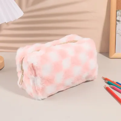 Cute Korean Checkered Pencil Case,Large School Pouch Zipper,Pen Holder Organizer, Capacity Aesthetic Stationery  for Students