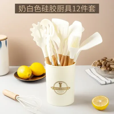 12 Piece Silicone Kitchen Set, Silicone Spatula With Storage Bucket, Wooden Handle, Cooking Kitchen Accessories