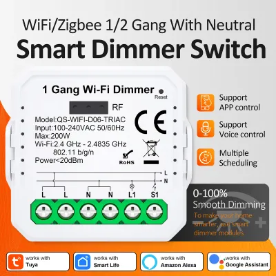 Mini Tuya WiFi/Zigbee Smart Dimmer Switch Module DIY Module Light Switch 1/2 Gang Remote Control Works with Alexa Google Home