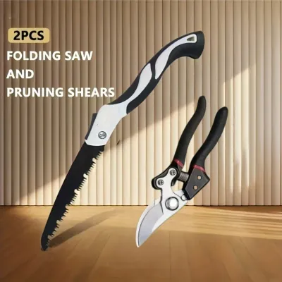 Heavy Duty Folding Saw & 8" Japanese Pruning Shears, Non-Slip Grip Garden Tool Set