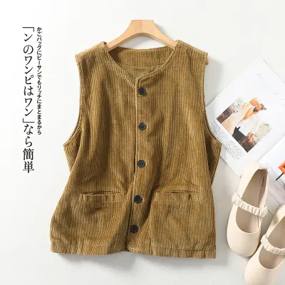 Spring Autumn Women Corduroy Vest Coat Vintage Khaki Black Purple Brown Sleeveless Jacket Cardigan Elegant Cotton Waistcoat Top