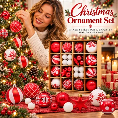 42 Pcs Christmas Ball Ornaments Set Red White 6cm Shatterproof Plastic Xmas Tree Baubles Hanging Decor for Holiday Party Home Garden Navidad