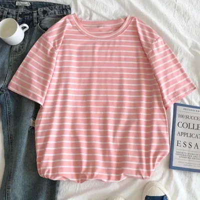 Harajuku Short Sleeve Korean O-Neck Casual Fashion Shirt Camiseta Feminina Tops T Shirt Women Solid Color Striped Punk T-shirt