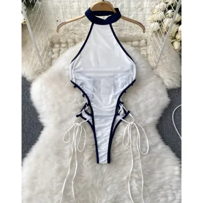 Women Sexy Halter Playsuits Fashion Drawstring Lace Up Design Transparent Bodysuits Slim Hollow Out Summer Rompers Hotsweet New