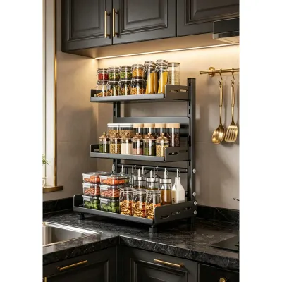 3-Tier Spice Storage Rack for Countertop - Adjustable Spice Organization for Cabinet, Metal Kitchen Shelf Organizer Black