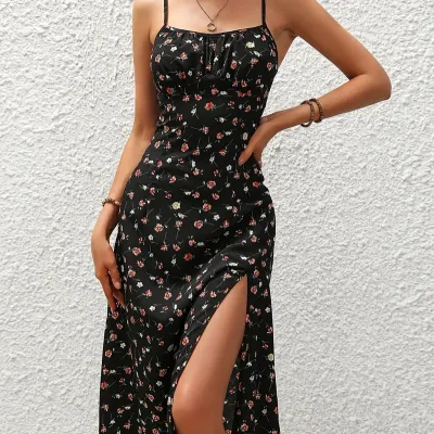 2024 Women Floral Print Spaghetti Straps Summer Boho Beach Dress Print Elegant Suspenders Square Neck Slit Dress Vestidos