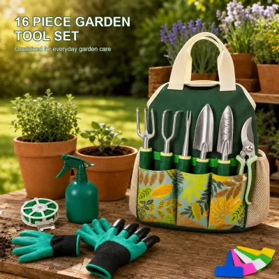 16 Piece Garden Tool Set Aluminum Alloy Gardening Hand Tools Kit with Floral Tote Bag Gloves Spray Bottle Plant Labels Twist Tie Trowel Transplanter Weeder Cultivator Hand Fork and Pruning Shears for Planting Weeding Pruning