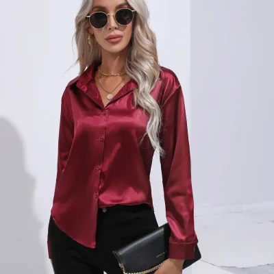 Elegant Women's Satin Imitation Silk Long Sleeve Shirt Autumn/Winter Solid Office Lady Lapel Button Blouse Women Clothing S-XXL