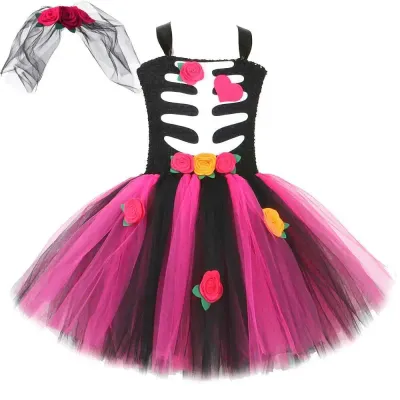 Zombie Bride Halloween Costumes for Girls Scary Ghost Bride Fancy Dress for Kids Skeleton Horror Outfit Carnival Party Clothes