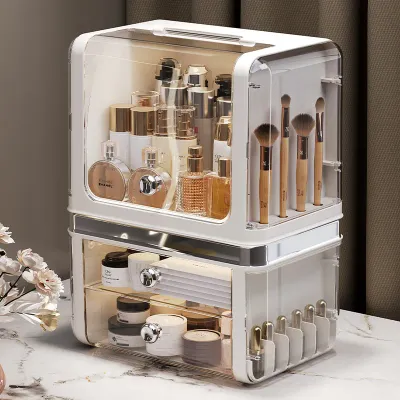 Luxury Acrylic Cosmetic Storage Organizer Dustproof Makeup Skincare Display Case with Drawers Lipstick Holder Vanity Desk
