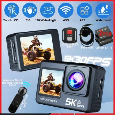 5K 4K60FPS Action Camera 50MP 2" Touch Dual Screen 5X Zoom Wi-Fi EIS 170° DVR Webcam Wireless Mic 30M Waterproof Sport Camera