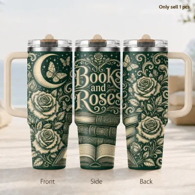 Moon Book Rose Butterfly Vacuum Flasks 40oz 3rd Gen Vacuum Insulated Stainless Steel Tumbler Cup with Handle Straw Lid For Gifts