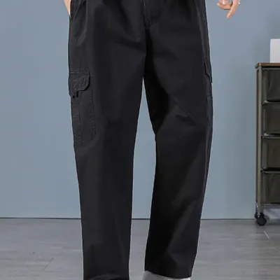 Men's 100% Cotton Straight Black Joggers Male Pants Outdoor Overalls Cargo Pants Fashion Streetwear Pocke