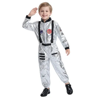 Boys Girls Astronaut Costume Silver Space Suit Halloween Role Play Costume for Kids Party Performance New Year Carnival Gift