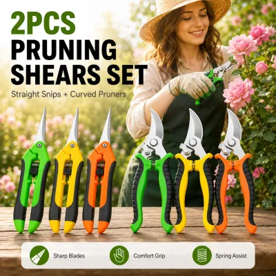2Pcs Garden Pruning Shears Set, Straight & Curved Stainless Steel Snips for Flowers Fruit Bonsai Branch Trimming Tool