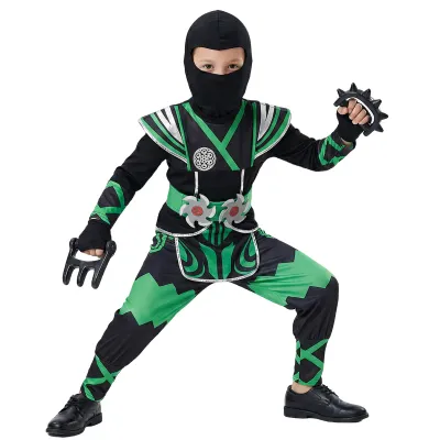 Green Ninja Costume for Kids with 9PC Toy Set Halloween Role Play Samurai Outfit Masked Warrior Boy/Girl Holiday Costume