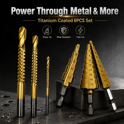 6Pcs Titanium Coated Drill Bit Set, 3 Sawtooth Drill Bits & 3 Hex Shank Step Drill Bits for Metal, Wood, PVC & Plastic Drilling