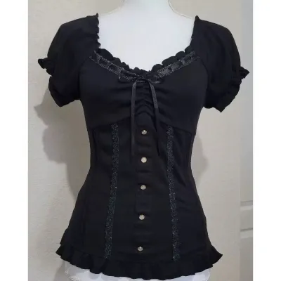 Vintage Black Fashion Bow Sweet Blouse Women Short Sleeve Square Neck Slim Chic Tops New Elegant Casual Y2K Retro Outfits 2025