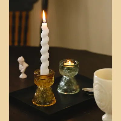 French Style Vintage Glass Candle Holder with Four Colors To Choose Nordic Minimalist Color Household Candle Holder Decoration